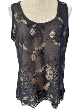 Avenue Sheer Black Lace Tank Top Floral Pattern Sleeveless 18/20